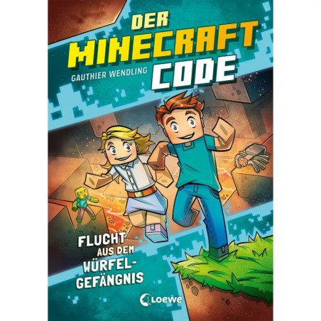 Zwei animierte Figuren springen in einer pixeligen Minecraft-Welt auf ein deutsches Buchcover.