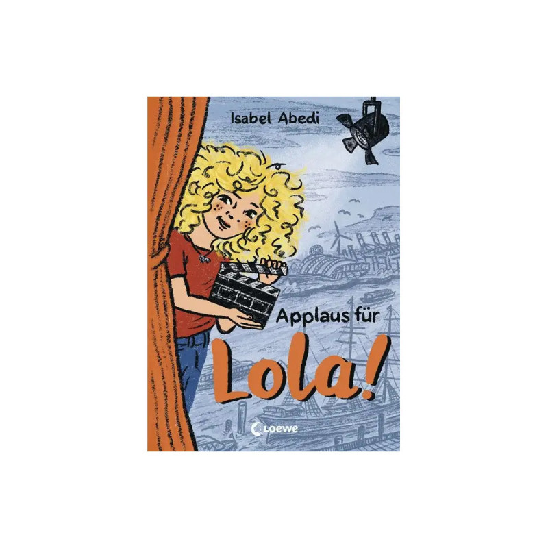 Cover von Applaus für Lola!: Ein Mädchen mit Locken hält eine Filmklappe hinter einem Bühnenvorhang.