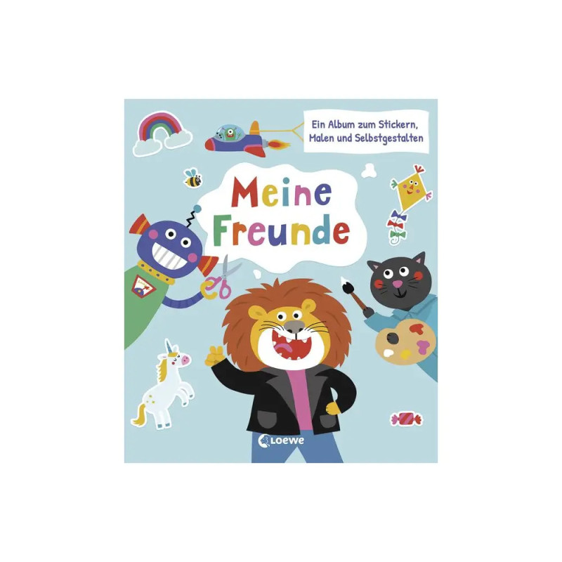 Deutsches Kinderbuchcover mit bunten Comic-Tieren, Robotern und dem Titel Meine Freunde in verspielter Schrift. Deutsches Kinderbuchcover mit bunten Comic-Tieren, Robotern und dem Titel Meine Freunde in verspielter Schrift.