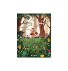 Buchcover von Mein Märchenschatz der Brüder Grimm mit Märchenfiguren in einem Wald illustriert.