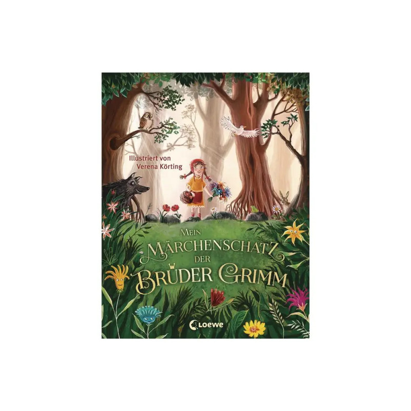 Buchcover von Mein Märchenschatz der Brüder Grimm mit Märchenfiguren in einem Wald illustriert.