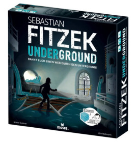 Spielschachtel Sebastian Fitzek Underground mit schemenhafter Gestalt in dunklem U-Bahn-Tunnel.