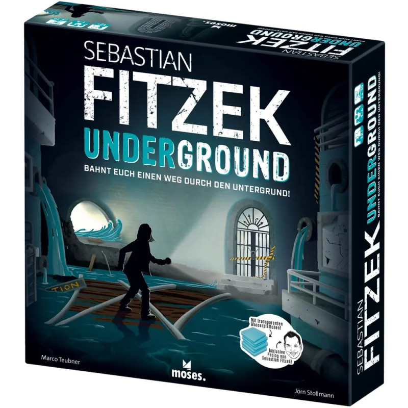 Spielschachtel Sebastian Fitzek Underground mit schemenhafter Gestalt in dunklem U-Bahn-Tunnel.