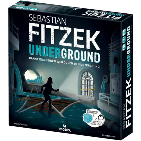 Spielschachtel Sebastian Fitzek Underground mit schemenhafter Gestalt in dunklem U-Bahn-Tunnel.