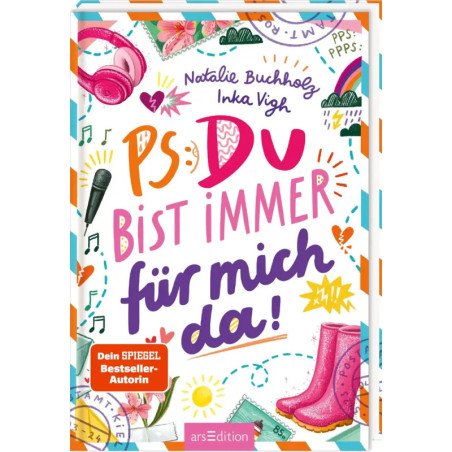 Buntes Buchcover mit Text sowie Zeichnungen von Stiefeln, Mikrofon, Herz, Kamera und Musiknoten.