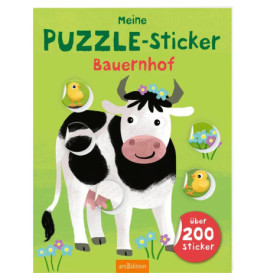 Cartoon-Kuh mit Blumen und Küken auf grünem Bauernhof-Stickerbuchcover, deutsches Textlayout.
