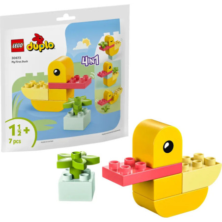 LEGO DUPLO 4-in-1 Set mit gelber Ente und grüner Pflanze aus bunten Bausteinen.