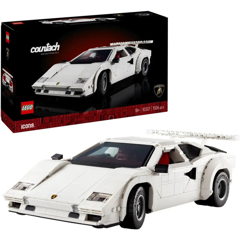 LEGO Lamborghini Countach Set mit Box: weißer Sportwagen aus LEGO-Steinen.