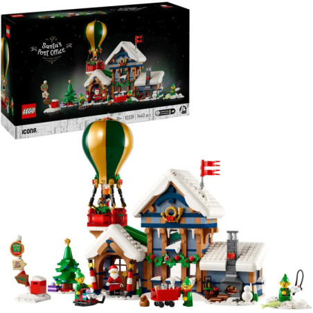 LEGO Santas Postamt-Set mit verschneitem Gebäude, Heißluftballon, Elfen und Weihnachtsdeko.