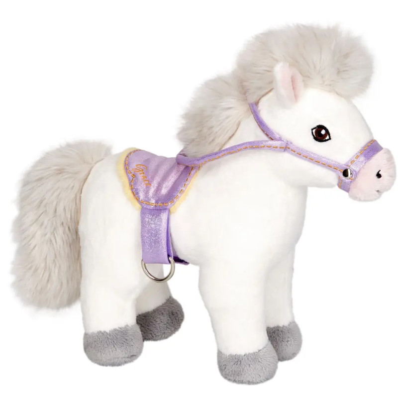 Plüschpony, weiß mit grauen Hufen, flauschiger Mähne und Schweif, lila Sattel und Zaumzeug. Plüschpony, weiß mit grauen Hufen, flauschiger Mähne und Schweif, lila Sattel und Zaumzeug.