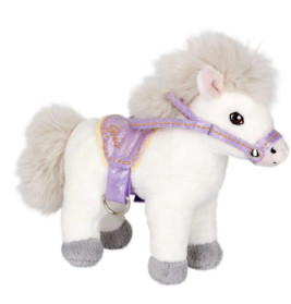Weißes Plüschpony mit grauen Hufen, flauschiger Mähne und Schweif sowie lila Sattel und Zaumzeug.