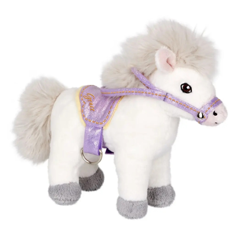 Weißes Plüschpony mit grauen Hufen, flauschiger Mähne und Schweif sowie lila Sattel und Zaumzeug. Weißes Plüschpony mit grauen Hufen, flauschiger Mähne und Schweif sowie lila Sattel und Zaumzeug.