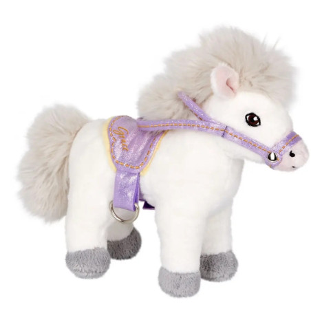 Weißes Plüschpony mit grauen Hufen, flauschiger Mähne und Schweif sowie lila Sattel und Zaumzeug. Weißes Plüschpony mit grauen Hufen, flauschiger Mähne und Schweif sowie lila Sattel und Zaumzeug.