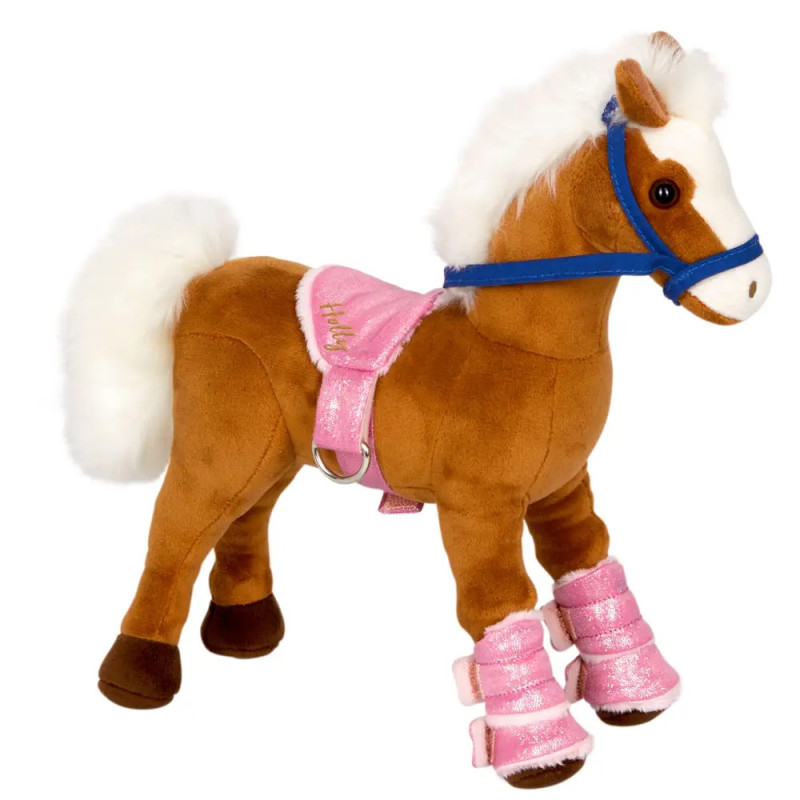 Braunes Plüschpferd mit weißer Mähne, pinkem Sattel, pinken Beinschützern und blauem Halfter.