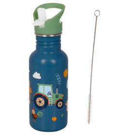Blaue Trinkflasche mit Bauernhoftieren und Traktor, grünem Deckel und einer Reinigungsbürste daneben.