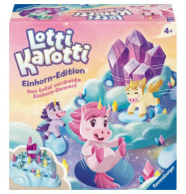 Bunte Brettspielschachtel mit Einhörnern, Kristallen, Wolken und dem Schriftzug Lotti Karotti Einhorn-Edition.