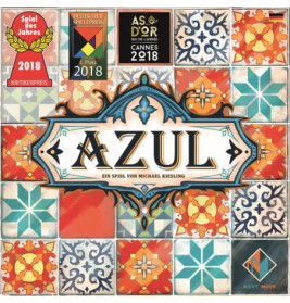Azul-Spielcover mit bunten Fliesen und Auszeichnungen für Spiel des Jahres sowie As dOr 2018.