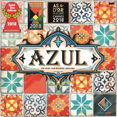 Azul-Spielcover mit bunten Fliesen und Auszeichnungen für Spiel des Jahres sowie As dOr 2018.