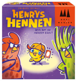 Bunte Spielebox mit drei Cartoon-Hühnern, gelbem Schriftzug Henrys Hennen und einer Karte in der Mitte.