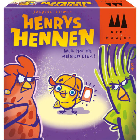 Bunte Spielebox mit drei Cartoon-Hühnern, gelbem Schriftzug Henrys Hennen und einer Karte in der Mitte.