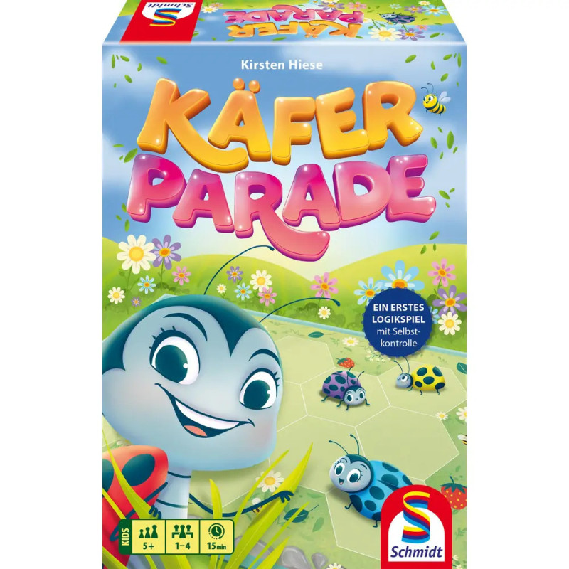 Buntes Brettspiel Käfer Parade von Schmidt Spiele für Kinder ab 5 Jahren, mit Käfern und Blumen illustriert.