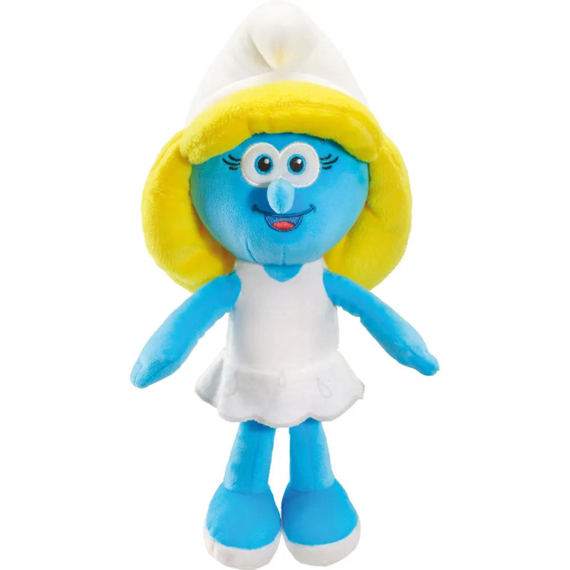 Plüschfigur eines blauen Cartoon-Charakters mit gelben Haaren, weißem Hut, Kleid und Schuhen, lächelnd. Plüschfigur eines blauen Cartoon-Charakters mit gelben Haaren, weißem Hut, Kleid und Schuhen, lächelnd.
