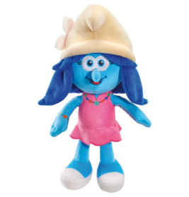 Plüschfigur eines blauen Cartoon-Charakters mit blauen Haaren, beigem Hut und rosa Kleid.