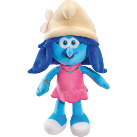 Plüschfigur eines blauen Cartoon-Charakters mit blauen Haaren, beigem Hut und rosa Kleid.