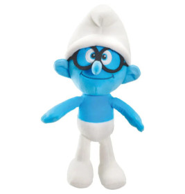 Plüschfigur eines blauen Cartoon-Charakters mit weißem Hut, Brille, weißer Hose und großem Lächeln.