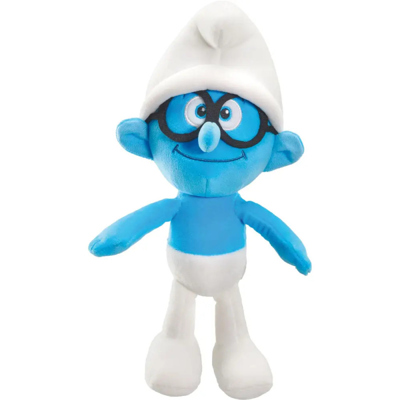 Plüschfigur eines blauen Cartoon-Charakters mit weißem Hut, Brille, weißer Hose und großem Lächeln. Plüschfigur eines blauen Cartoon-Charakters mit weißem Hut, Brille, weißer Hose und großem Lächeln.
