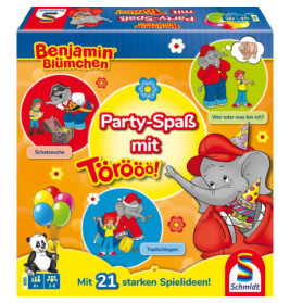 Bunte Benjamin Blümchen-Spielschachtel mit dem Elefanten-Maskottchen und spielenden Kindern auf hellem Hintergrund.