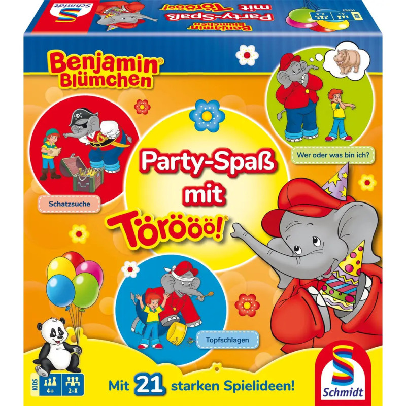 Bunte Benjamin Blümchen-Spielschachtel mit dem Elefanten-Maskottchen und spielenden Kindern auf hellem Hintergrund. Bunte Benjamin Blümchen-Spielschachtel mit dem Elefanten-Maskottchen und spielenden Kindern auf hellem Hintergrund.