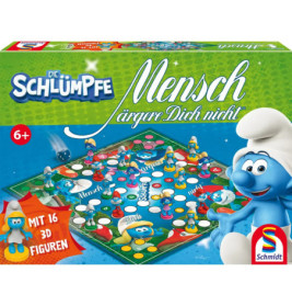 Schachtel eines Schlumpf-Brettspiels mit Schlumpf-Figuren und bunten Spielsteinen auf dem Spielfeld.