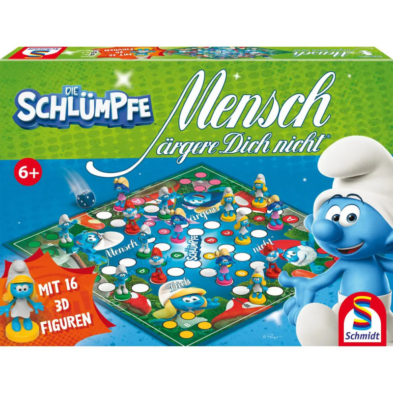 Schachtel eines Schlumpf-Brettspiels mit Schlumpf-Figuren und bunten Spielsteinen auf dem Spielfeld. Schachtel eines Schlumpf-Brettspiels mit Schlumpf-Figuren und bunten Spielsteinen auf dem Spielfeld.