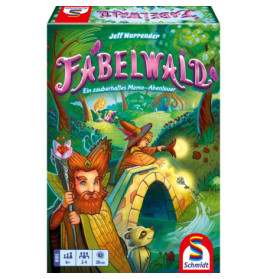 Bunte Fabelwald-Spieleschachtel mit Fantasy-Waldwesen und magischen Kreaturen auf dem Cover.