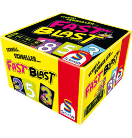 Bunte Fast Blast Kartenspiel-Box mit auffälligen Zahlen, Grafiken und dem Schmidt-Logo.