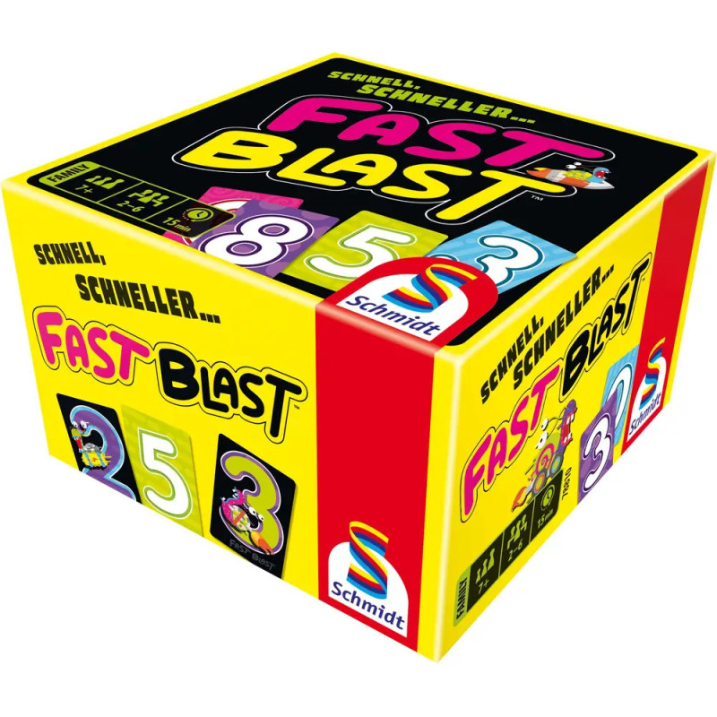 Bunte Fast Blast Kartenspiel-Box mit auffälligen Zahlen, Grafiken und dem Schmidt-Logo. Bunte Fast Blast Kartenspiel-Box mit auffälligen Zahlen, Grafiken und dem Schmidt-Logo.
