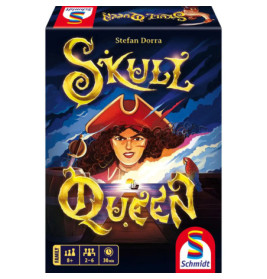 Schachtel des Spiels Skull Queen mit Piratenkönigin, Schiff auf See und auffälligem goldenen Titel.