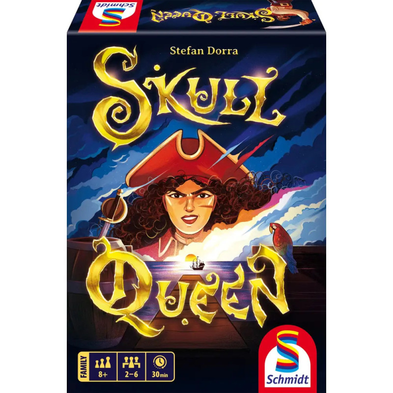 Schachtel des Spiels Skull Queen mit Piratenkönigin, Schiff auf See und auffälligem goldenen Titel. Schachtel des Spiels Skull Queen mit Piratenkönigin, Schiff auf See und auffälligem goldenen Titel.