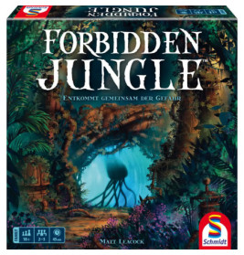 Spieleschachtel von Forbidden Jungle mit einem Dschungel und einem geheimnisvollen Tentakelwesen in einer leuchtenden Höhle.