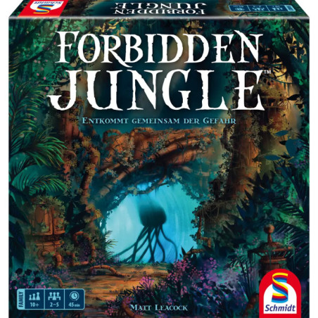 Spieleschachtel von Forbidden Jungle mit einem Dschungel und einem geheimnisvollen Tentakelwesen in einer leuchtenden Höhle.