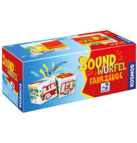 Blaue und rote Sound Würfel Fahrzeuge Würfelbox mit Fahrzeugmotiven, geeignet ab 2 Jahren.