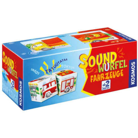 Blaue und rote Sound Würfel Fahrzeuge Würfelbox mit Fahrzeugmotiven, geeignet ab 2 Jahren.