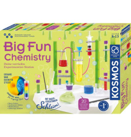 Bunte Chemie-Experimentierbox für Kinder von 8-13 Jahren mit abgebildeten Reagenzgläsern und Laborausrüstung.