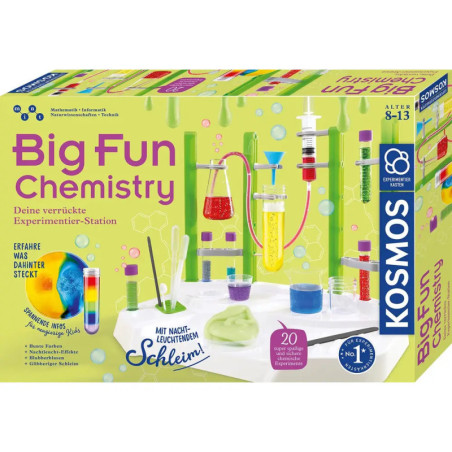 Bunte Chemie-Experimentierbox für Kinder von 8-13 Jahren mit abgebildeten Reagenzgläsern und Laborausrüstung. Bunte Chemie-Experimentierbox für Kinder von 8-13 Jahren mit abgebildeten Reagenzgläsern und Laborausrüstung.