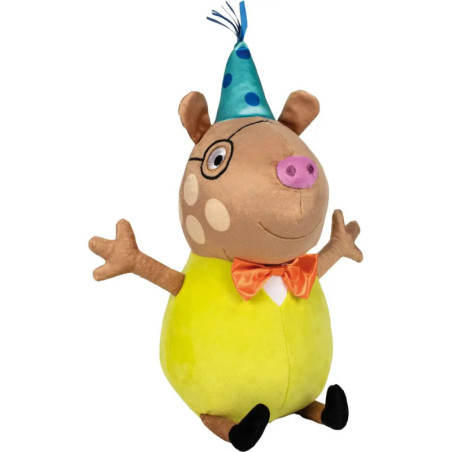 Plüschschwein mit Partyhut, Brille, orangefarbener Fliege, gelbem Outfit und ausgebreiteten Armen. Plüschschwein mit Partyhut, Brille, orangefarbener Fliege, gelbem Outfit und ausgebreiteten Armen.