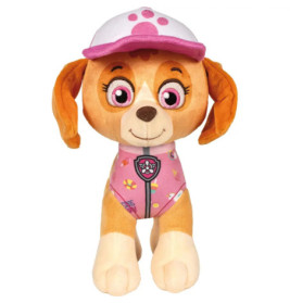 Plüschhund mit rosa Mütze und Weste, ähnlich einer Figur aus einer Kinderserie.