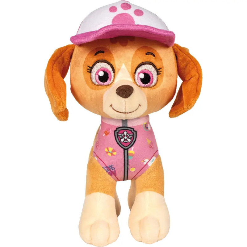 Plüschhund mit rosa Mütze und Weste, ähnlich einer Figur aus einer Kinderserie.
