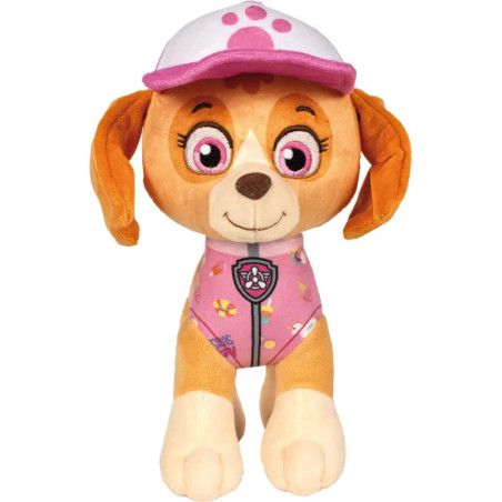 Plüschhund mit rosa Mütze und Weste, ähnlich einer Figur aus einer Kinderserie.