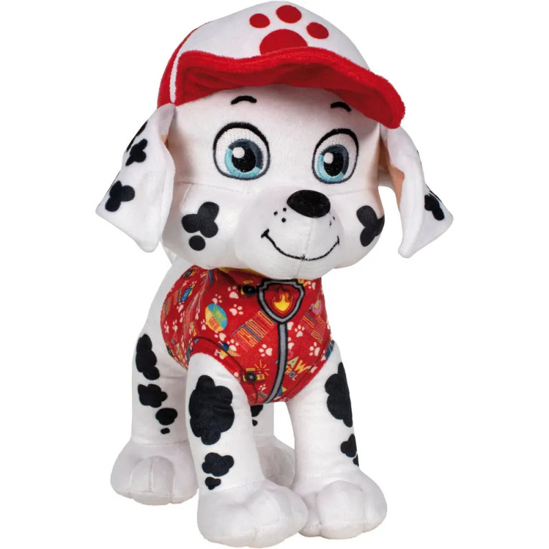 Plüsch-Dalmatiner mit roter Mütze und bunter Weste mit Feuer-Motiven. Plüsch-Dalmatiner mit roter Mütze und bunter Weste mit Feuer-Motiven.